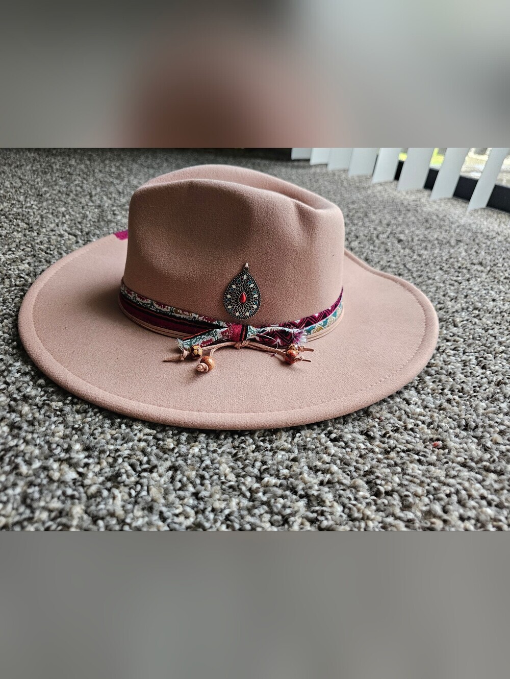 Jesscasday Gentleman Fedo   Boho Pink Wide-Brim Fedora Hat with Embellished Band - Picture 1 of 5